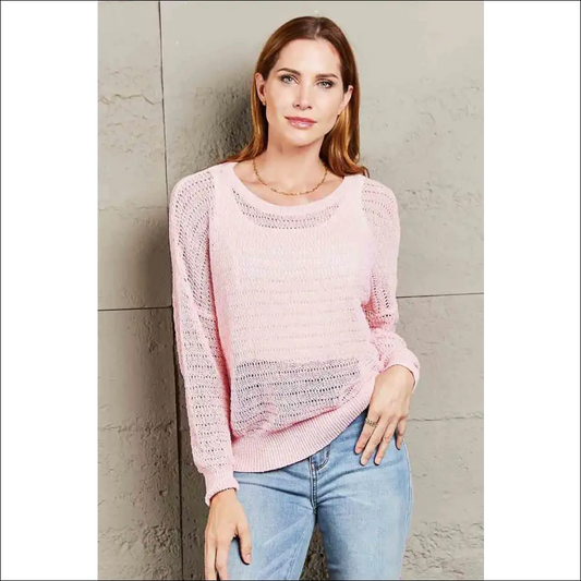 Chic Openwork Round Neck Knit Top - Blush Pink / s - Sweaters on Sale Worldwide Shipping