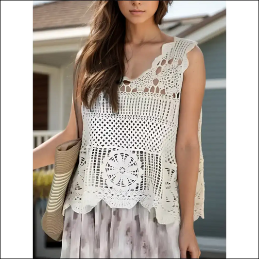 Chic Openwork Scoop Neck Tank Top - Cream / one Size - Tops on Sale Worldwide Shipping