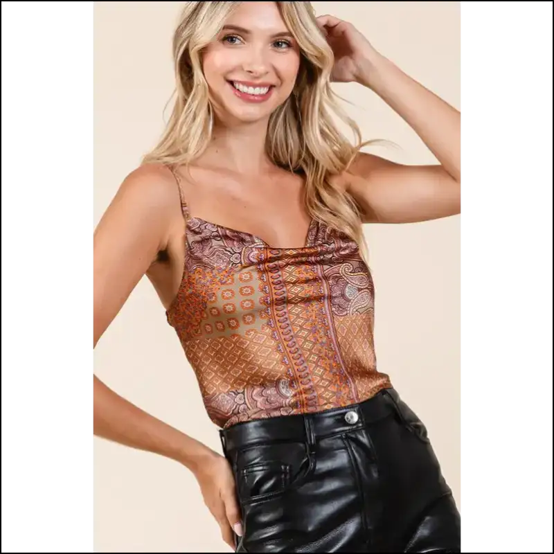 Chic Paisley Patchwork Satin Cowl Neck Crop Cami - Tank Tops on Sale Worldwide Shipping