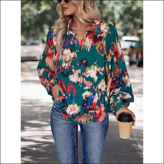 Chic Perfee Printed Johnny Collar Blouse - Green / Xl - Blouses on Sale Worldwide Shipping