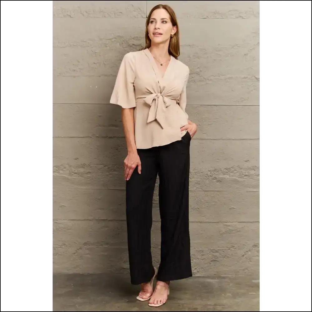 Chic Perfee V-neck Tie Front Blouse - Effortless Elegance - Blouses on Sale Worldwide Shipping