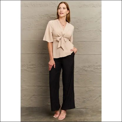 Chic Perfee V-neck Tie Front Blouse - Effortless Elegance - Blouses on Sale Worldwide Shipping