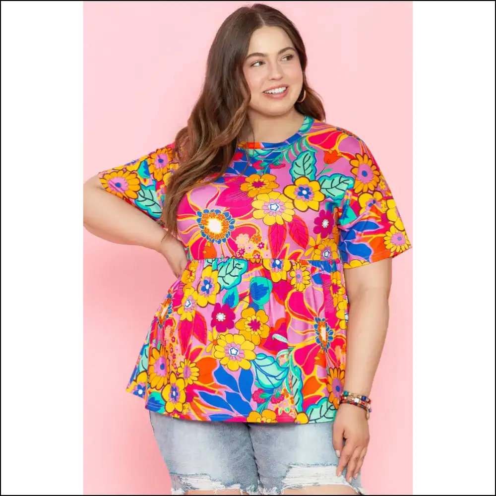 Chic Pink Boho Floral Babydoll Blouse: Finally Flattering! 🌸 Needful Things Approved - 1x - Plus Size Tops on Sale Worldwide Shipping