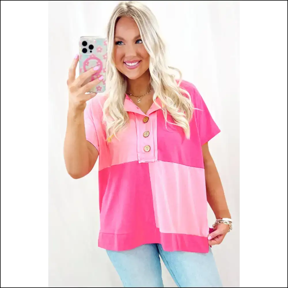 Chic Pink Colorblock Half Button Henley: Basically Hugs you 💖 Needful Things - t Shirts on Sale Worldwide Shipping