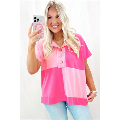 Chic Pink Colorblock Half Button Henley: Basically Hugs you 💖 Needful Things - t Shirts on Sale Worldwide Shipping