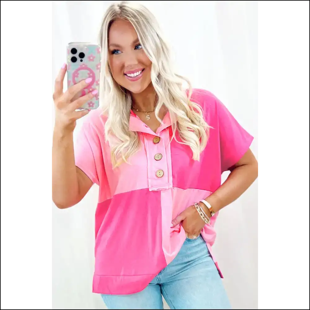 Chic Pink Colorblock Half Button Henley: Basically Hugs you 💖 Needful Things - t Shirts on Sale Worldwide Shipping