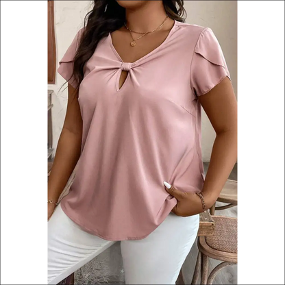 Chic Pink Knot Keyhole Neck Tulip Sleeve Top - Plus Size Tops on Sale Worldwide Shipping