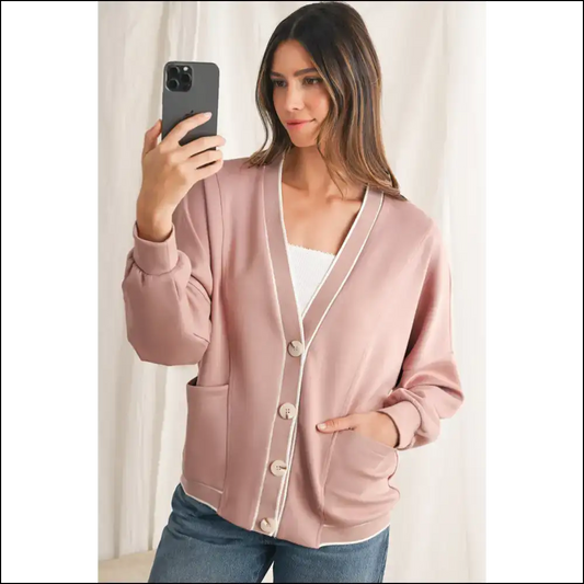 Chic Pink V-neck Cardigan: your New Bf (before the Apocalypse) 💖 Needful Things - Stripe / s - Cardigans on Sale Worldwide Shipping