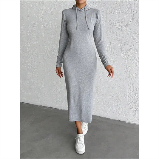 Chic & Playful Drawstring Long Sleeve Hooded Midi Dress - Gray / m - Dresses on Sale Worldwide Shipping