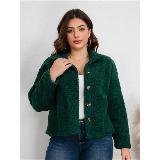 Chic Plus Size Collared Button Down Jacket - Dark Green / 2xl - Jackets Outerwear on Sale Worldwide Shipping