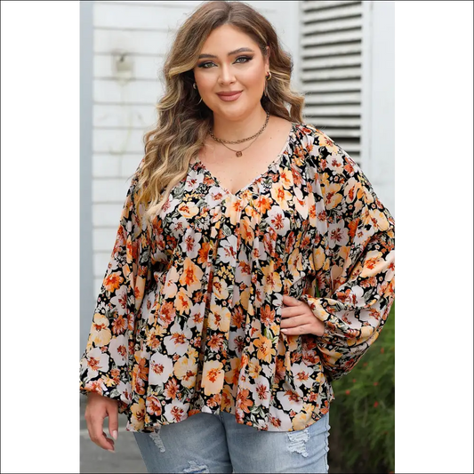 Chic Plus Size Floral V-neck Balloon Sleeve Blouse - 2xl - Blouses on Sale Worldwide Shipping