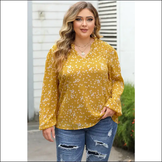 Chic Plus Size Notched Neck Smocked Blouse - Yellow / 1xl - Blouses on Sale Worldwide Shipping