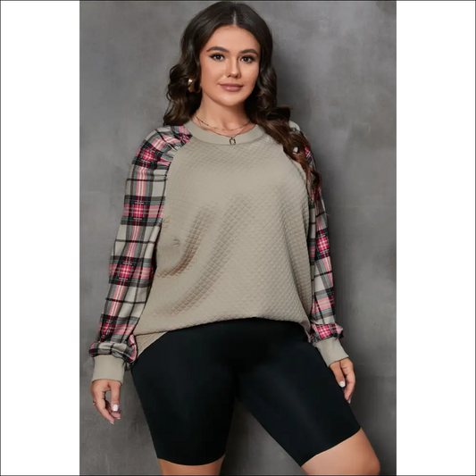 Chic Plus Size Plaid Long Sleeve Sweatshirt - Khaki / 1xl - Sweatshirts & Hoodies on Sale Worldwide Shipping