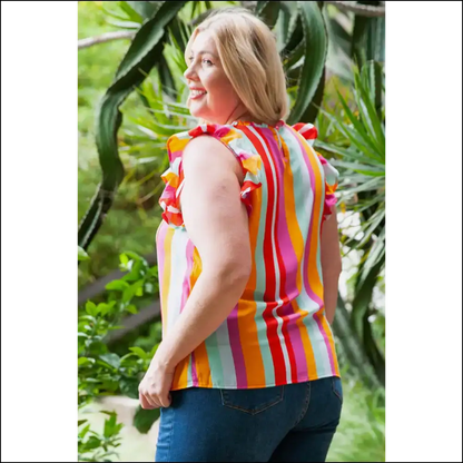 Chic Plus Size Striped Ruffled Tank Top - Tops on Sale Worldwide Shipping