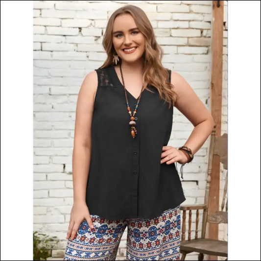 Chic Plus Size V-neck Tank with Lace Detail - Black / 0xl - Tops on Sale Worldwide Shipping
