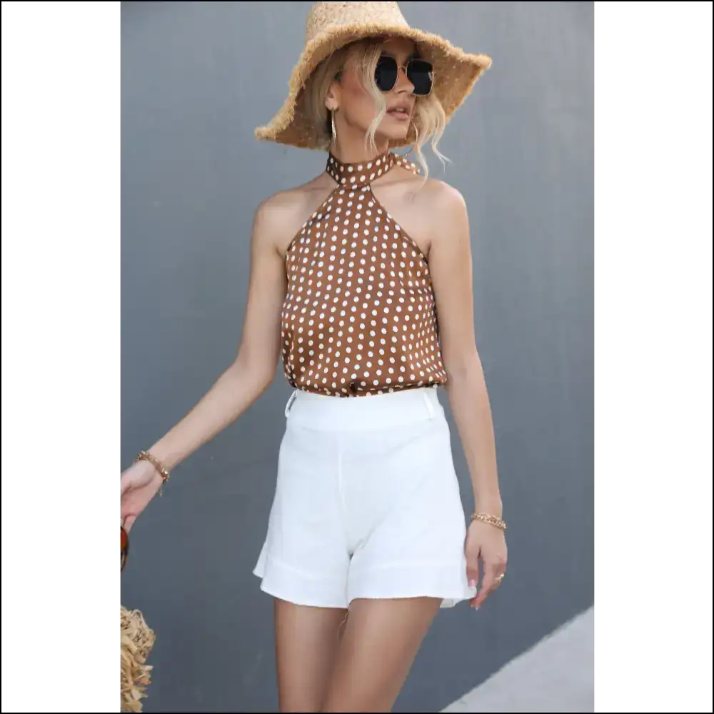 Chic Polka Dot Grecian Neck Tank - Caramel / m - Tops on Sale Worldwide Shipping