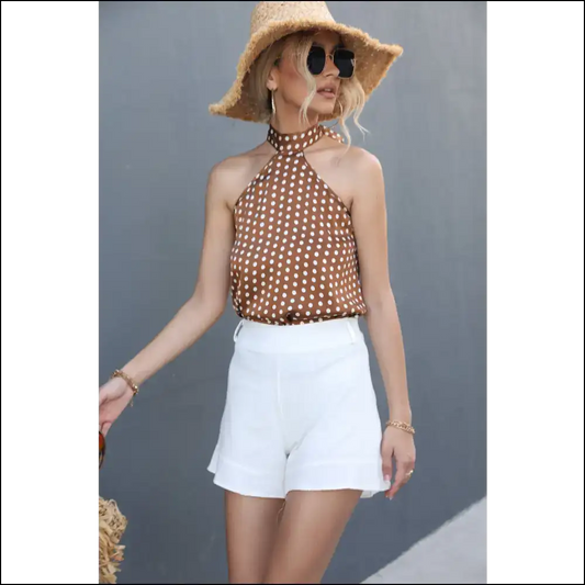 Chic Polka Dot Grecian Neck Tank - Caramel / m - Tops on Sale Worldwide Shipping