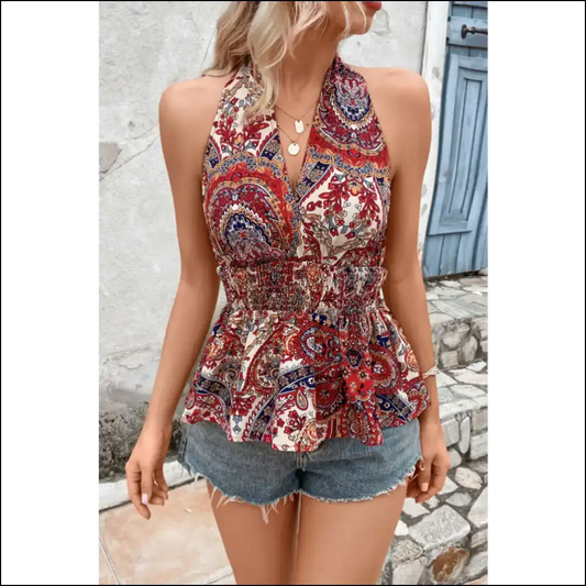 Chic Printed Halter Neck Smocked Peplum Top - Multicolor / Xl - Tank Tops on Sale Worldwide Shipping