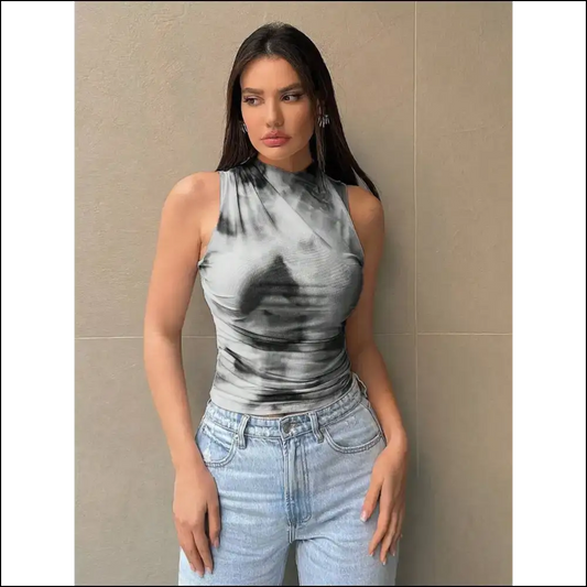 Chic Printed Mock Neck Ruched Tank for Women - Gray / s - Tops on Sale Worldwide Shipping
