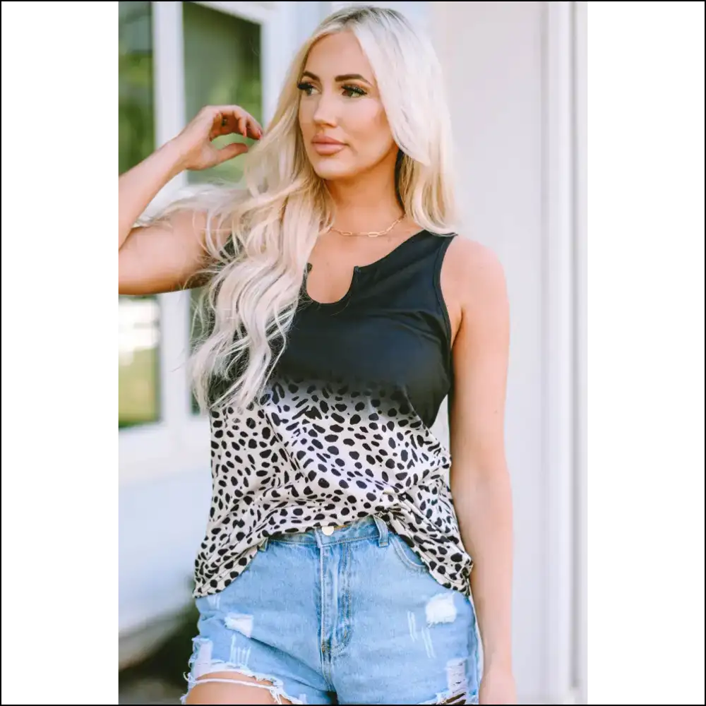 Chic Printed Notched Neck Tank - Black / l - Tops on Sale Worldwide Shipping