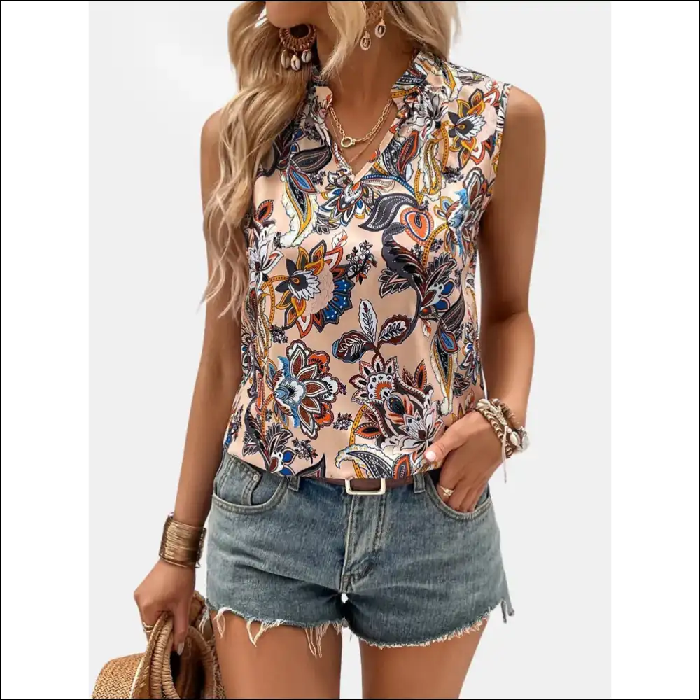Chic Printed Notched Sleeveless Top - Tan / s - Tank Tops on Sale Worldwide Shipping