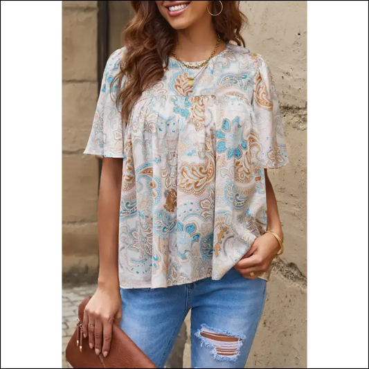Chic Printed Round Neck Short Sleeve Blouse - Ivory / m - Blouses on Sale Worldwide Shipping