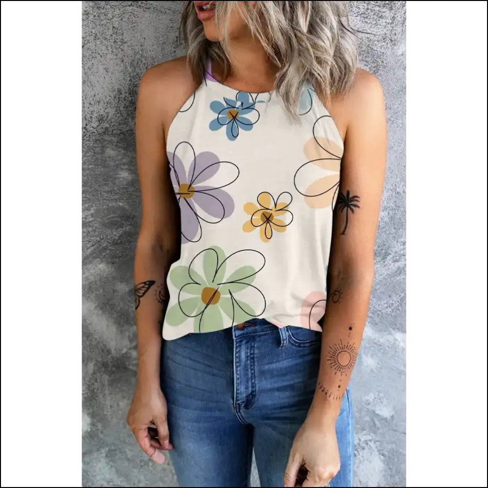 Chic Printed Round Neck Tank Top for Trendy Women - Ivory / s - Tops on Sale Worldwide Shipping
