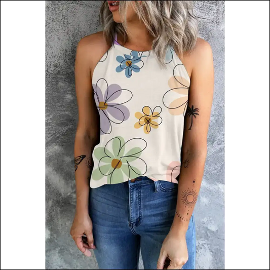 Chic Printed Round Neck Tank Top for Trendy Women - Ivory / s - Tops on Sale Worldwide Shipping