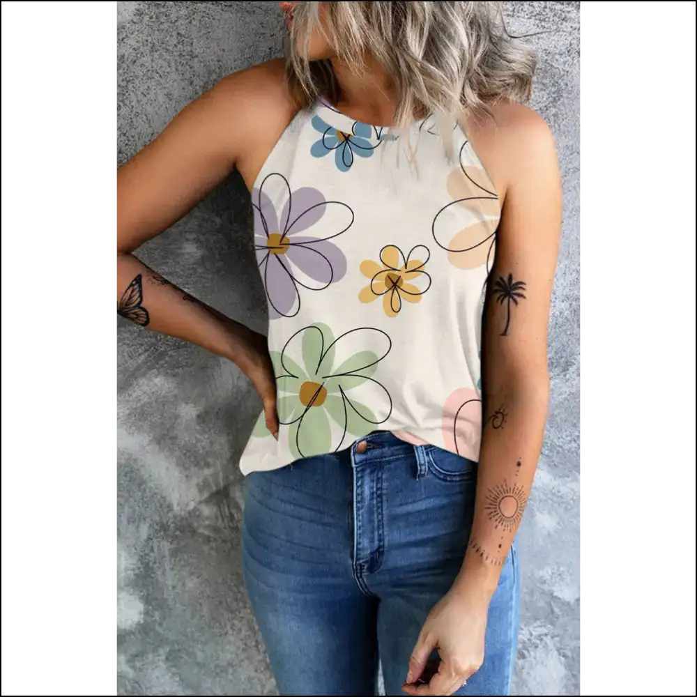 Chic Printed Round Neck Tank Top for Trendy Women - Tops on Sale Worldwide Shipping