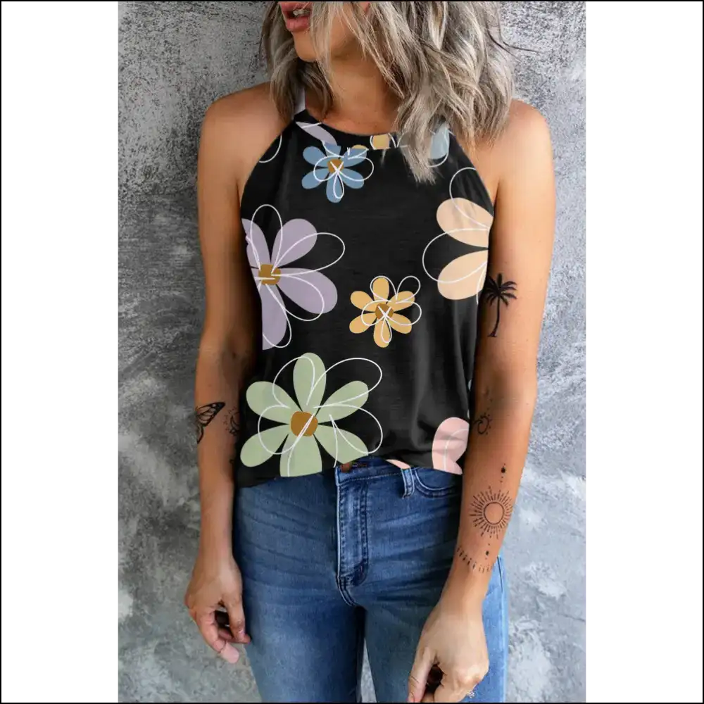 Chic Printed Round Neck Tank Top for Women - Black / s - Tops on Sale Worldwide Shipping