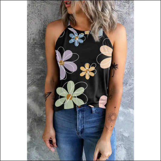Chic Printed Round Neck Tank Top for Women - Black / s - Tops on Sale Worldwide Shipping