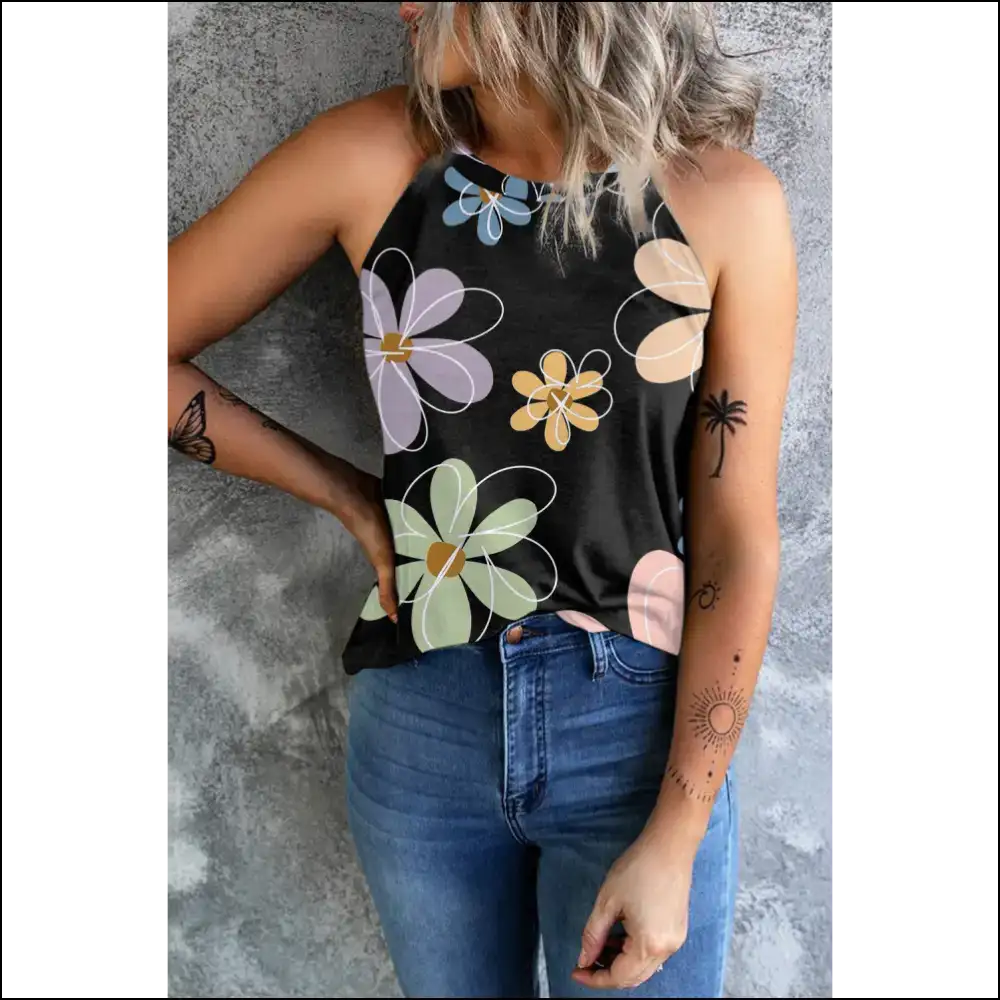 Chic Printed Round Neck Tank Top for Women - Tops on Sale Worldwide Shipping