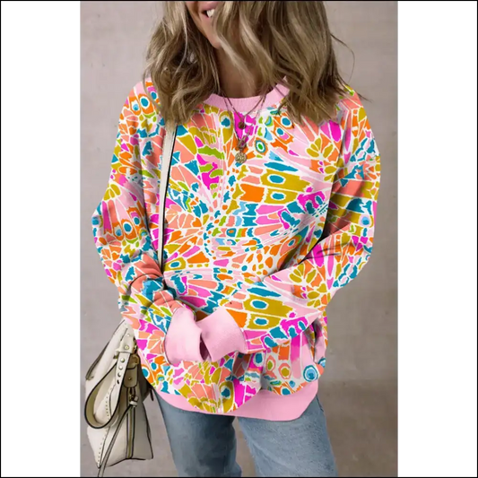 Chic Printed Round Neck: Wear your Style Like a ?90s Boy Band Reunion 🎤✨ - Pink / s - Sweatshirts & Hoodies on Sale Worldwide Shipping