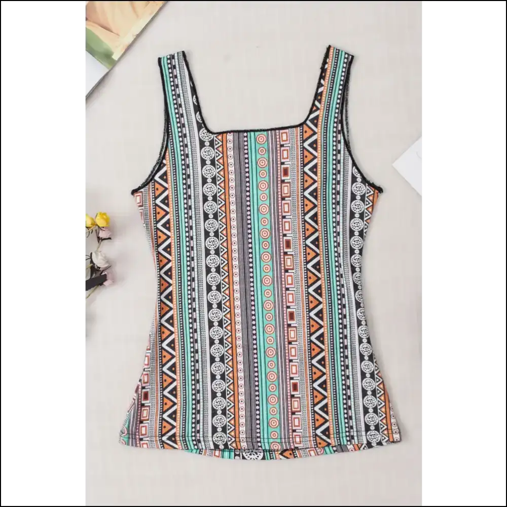 Chic Printed Square Neck Wide Strap Tank - Tops on Sale Worldwide Shipping