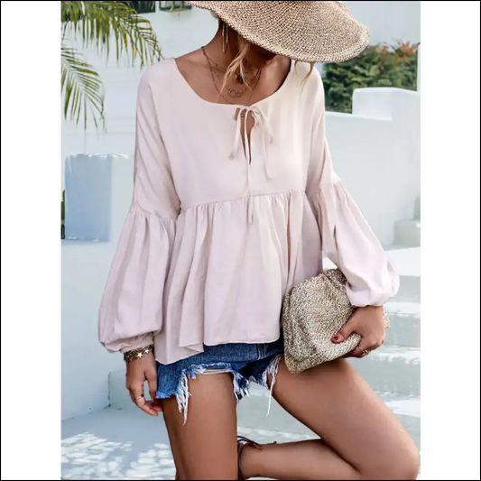 Chic Puff Sleeve Babydoll Blouse - Beige / l - Blouses on Sale Worldwide Shipping