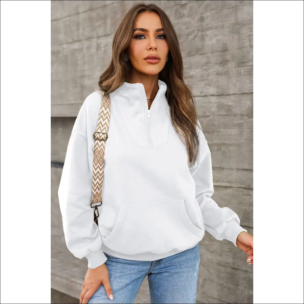 Chic Quarter Zip Dropped Shoulder Sweatshirt - White / 2xl - Sweatshirts & Hoodies on Sale Worldwide Shipping