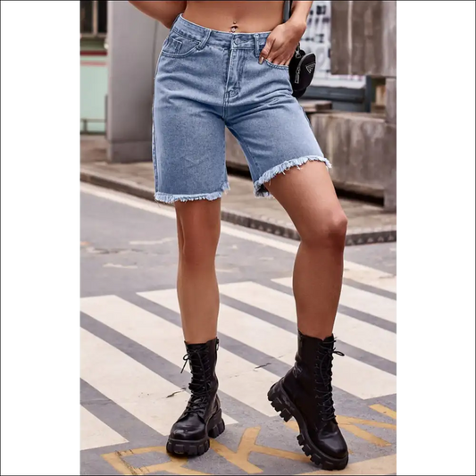Chic Raw Hem Denim Shorts with Pockets - Medium / Xl - on Sale Worldwide Shipping