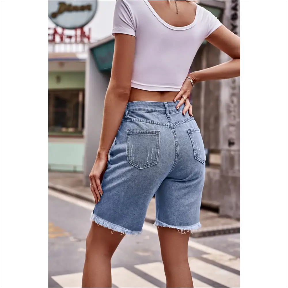 Chic Raw Hem Denim Shorts with Pockets - on Sale Worldwide Shipping