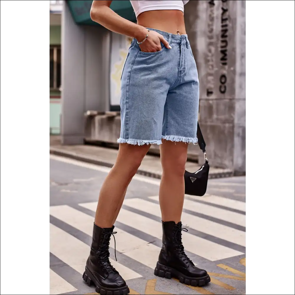 Chic Raw Hem Denim Shorts with Pockets - on Sale Worldwide Shipping