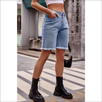 Chic Raw Hem Denim Shorts with Pockets - on Sale Worldwide Shipping