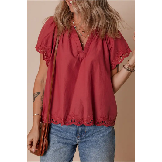 Chic Red Dahlia Floral Embroidered Blouse - s - Blouses on Sale Worldwide Shipping