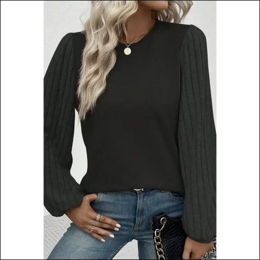 Chic Ribbed Round Neck Long Sleeve Knit Top - Black / s - Blouses on Sale Worldwide Shipping