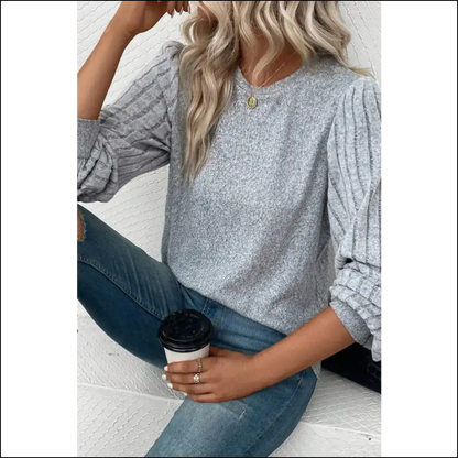 Chic Ribbed Round Neck Long Sleeve Knit Top - Blouses on Sale Worldwide Shipping