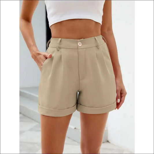 Chic Roll Trim Half Elastic Waist Shorts - Tan / s - on Sale Worldwide Shipping