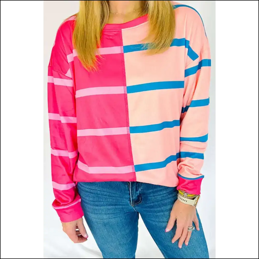 Chic Rose Stripe Tee: Curves! 🌹 Color Block Bliss! Needful Things - 1x - Plus Size Tops on Sale Worldwide Shipping