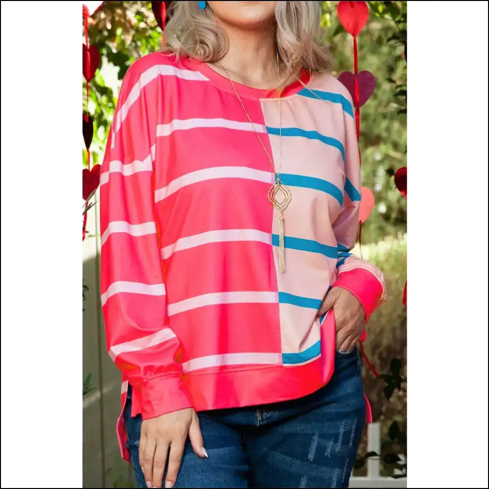Chic Rose Stripe Tee: Curves! 🌹 Color Block Bliss! Needful Things - Plus Size Tops on Sale Worldwide Shipping