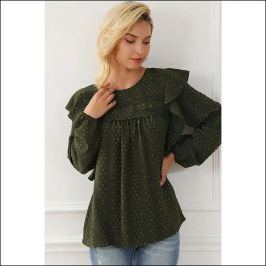 Chic Round Neck Ruffled Blouse - Blackish Green / s - Blouses on Sale Worldwide Shipping