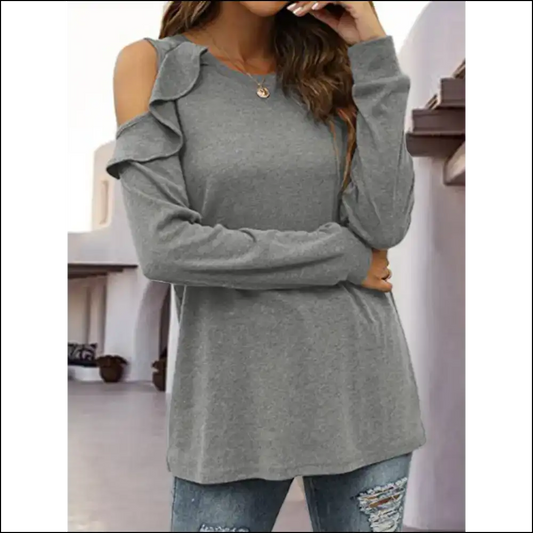 Chic Round Neck Ruffled Cold-shoulder Blouse - Dark Gray / s - Blouses on Sale Worldwide Shipping