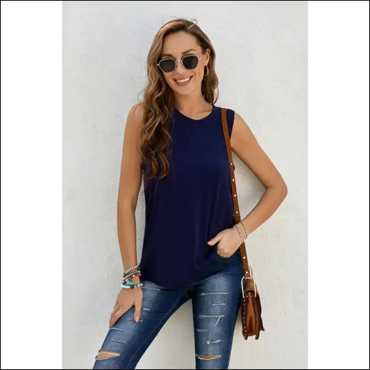 Chic Round Neck Sleeveless Tank Top - Dark Navy / 2xl - Tops on Sale Worldwide Shipping