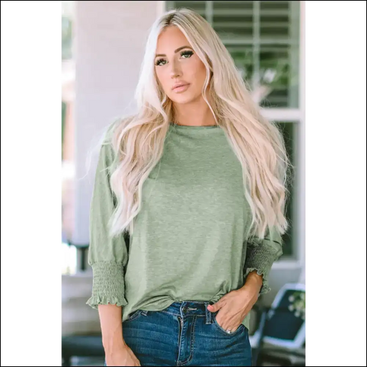 Chic Round Neck Three-quarter Sleeve Top - Sage / s - Blouses on Sale Worldwide Shipping